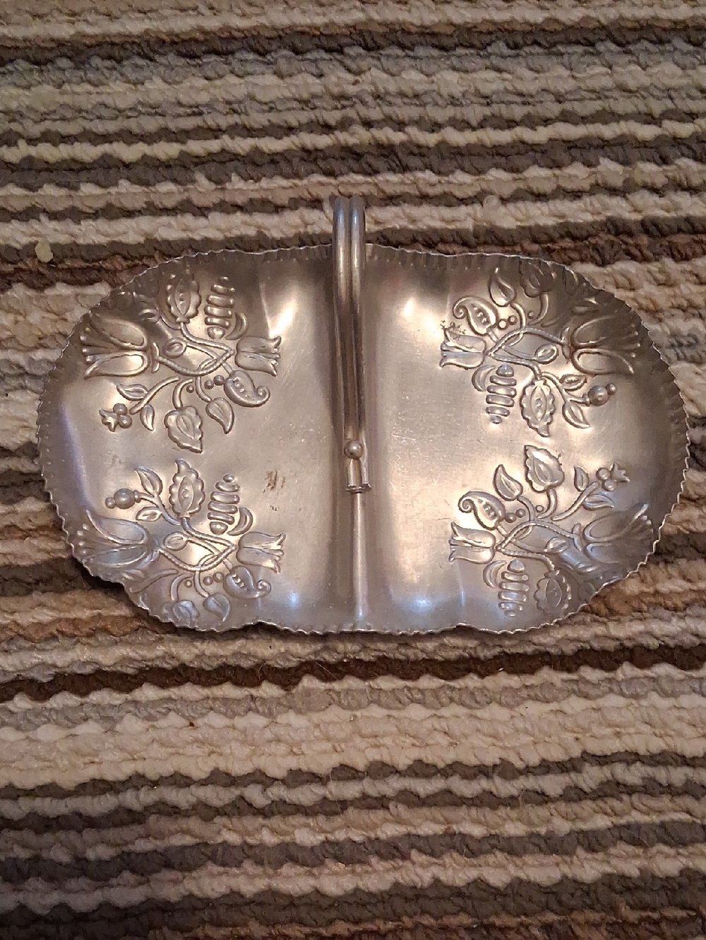 Ornate Double Dish with Handle - Silver Tone